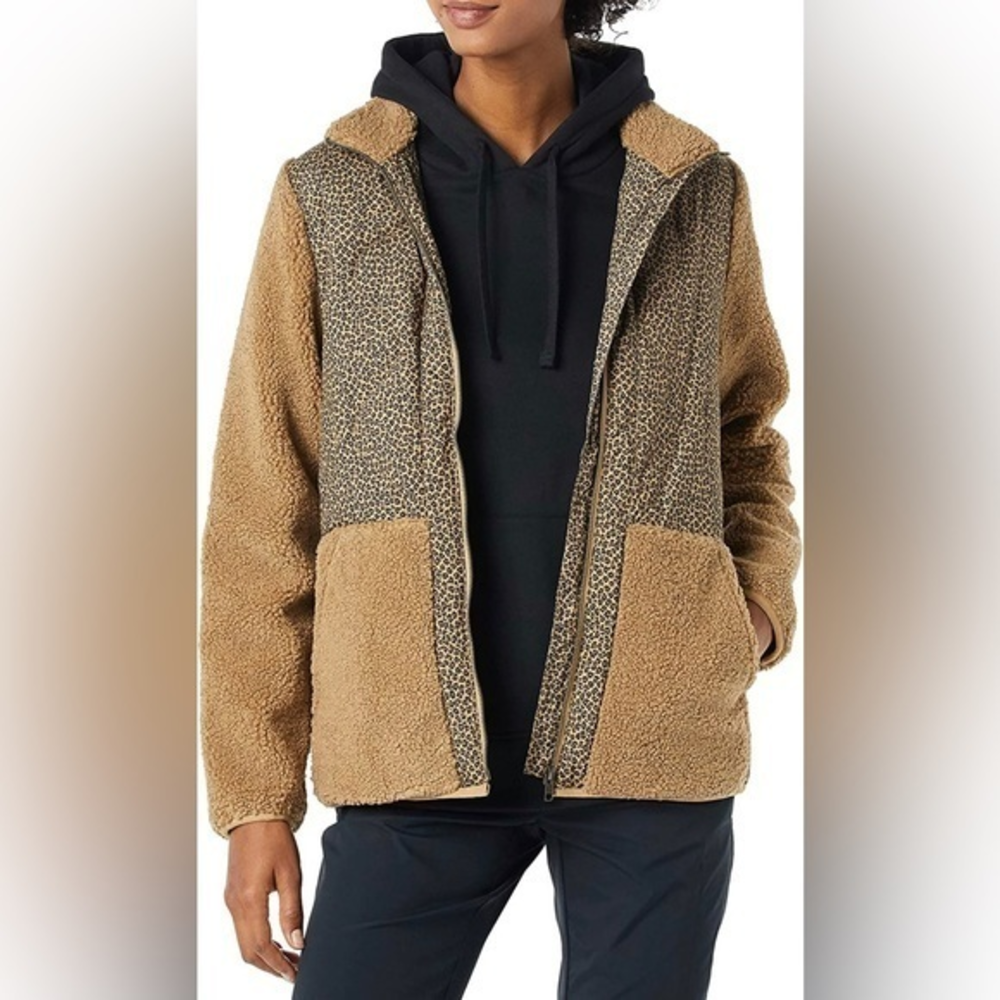 Amazon Essentials NWT Women's Faux‎ Shearling Mixed Media Jacket Cheetah and Tan